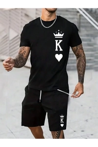 Erkek T-Shirt Şort - Şortlu Tişört Alt Üst Takım King Baskılı Bisiklet Yaka